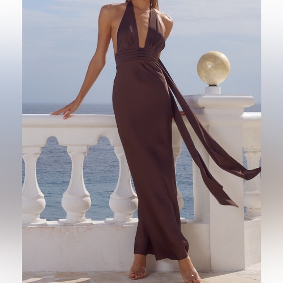 Runaway The Label Dresses & Skirts - Backless Halter Maxi Dress in Chocolate Brown